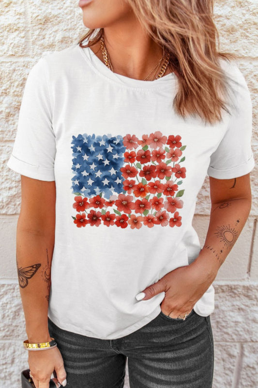 Star Floral American Flag Printed T Shirt Plus Size Trendsi