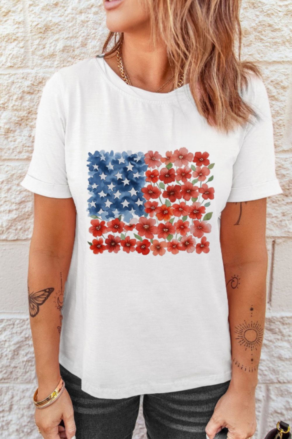 Star Floral American Flag Printed T Shirt Plus Size Trendsi