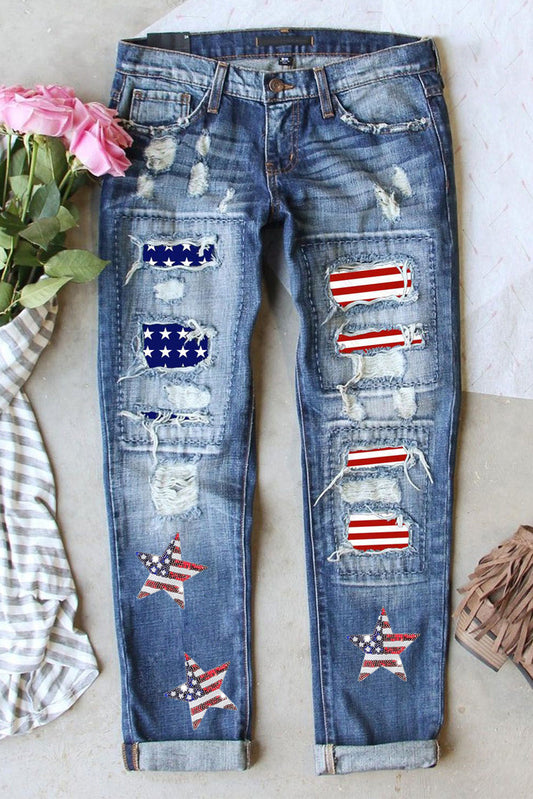 US Flag Distressed Mid-Rise Waist Straight Jeans Trendsi