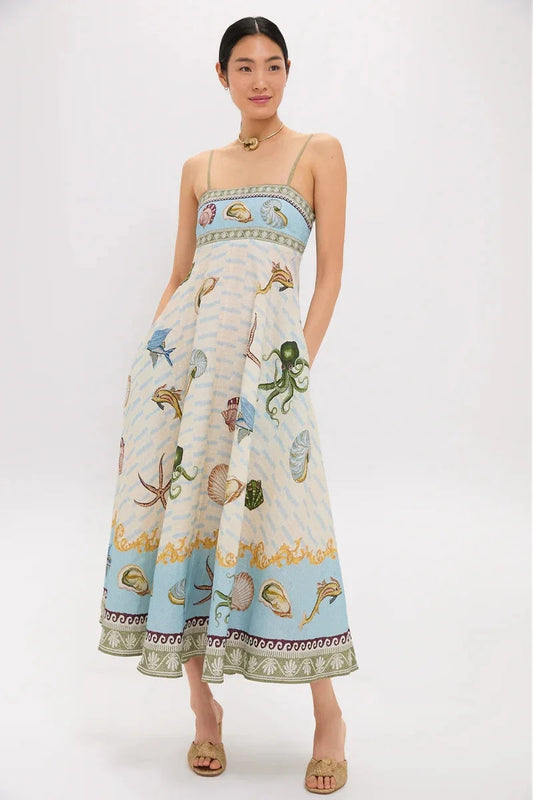 Ocean Print Spaghetti Strap Midi Dress - Plus Size Trendsi