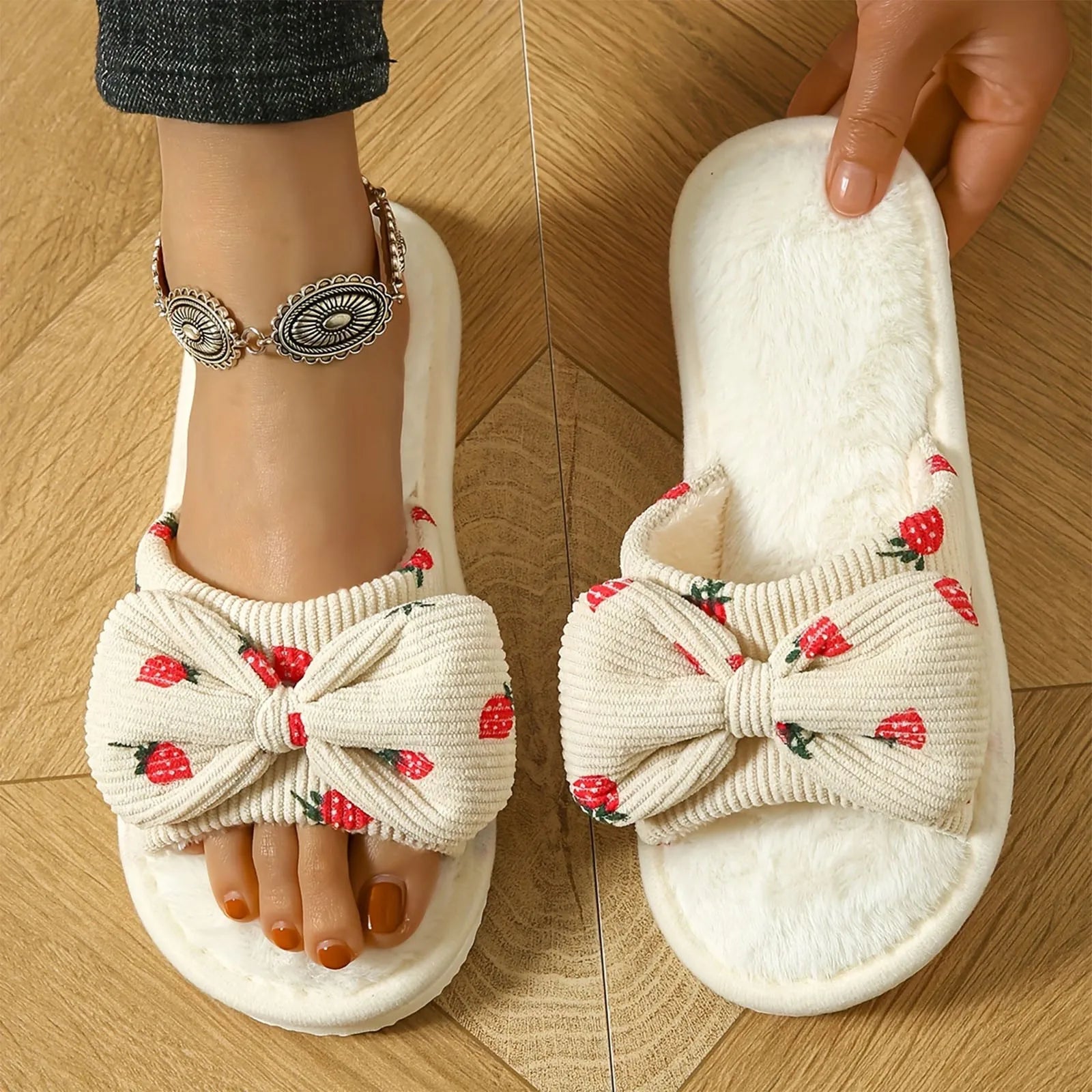 Strawberry Print Bow Cotton Plush Indoor Slippers