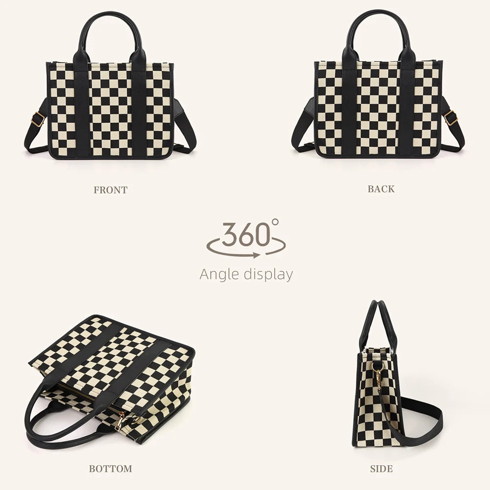 Women Canvas Checkered Tote Bag Large Capacity