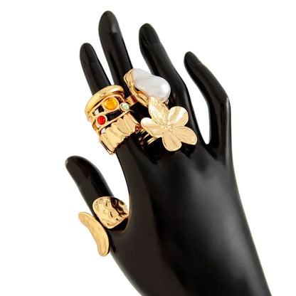 Oversized Metal Flower Open Rings - Baroque Imitation Pearl 6 pcs Rings Set