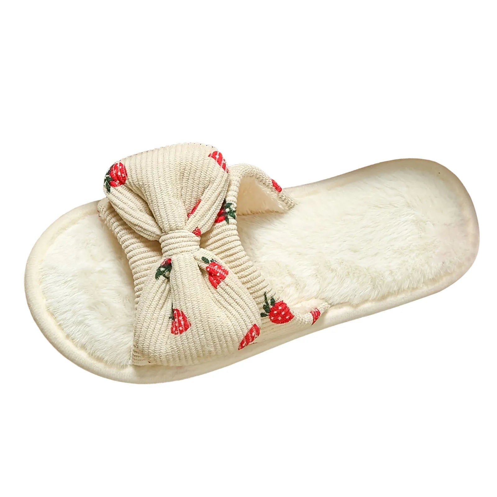 Strawberry Print Bow Cotton Plush Indoor Slippers