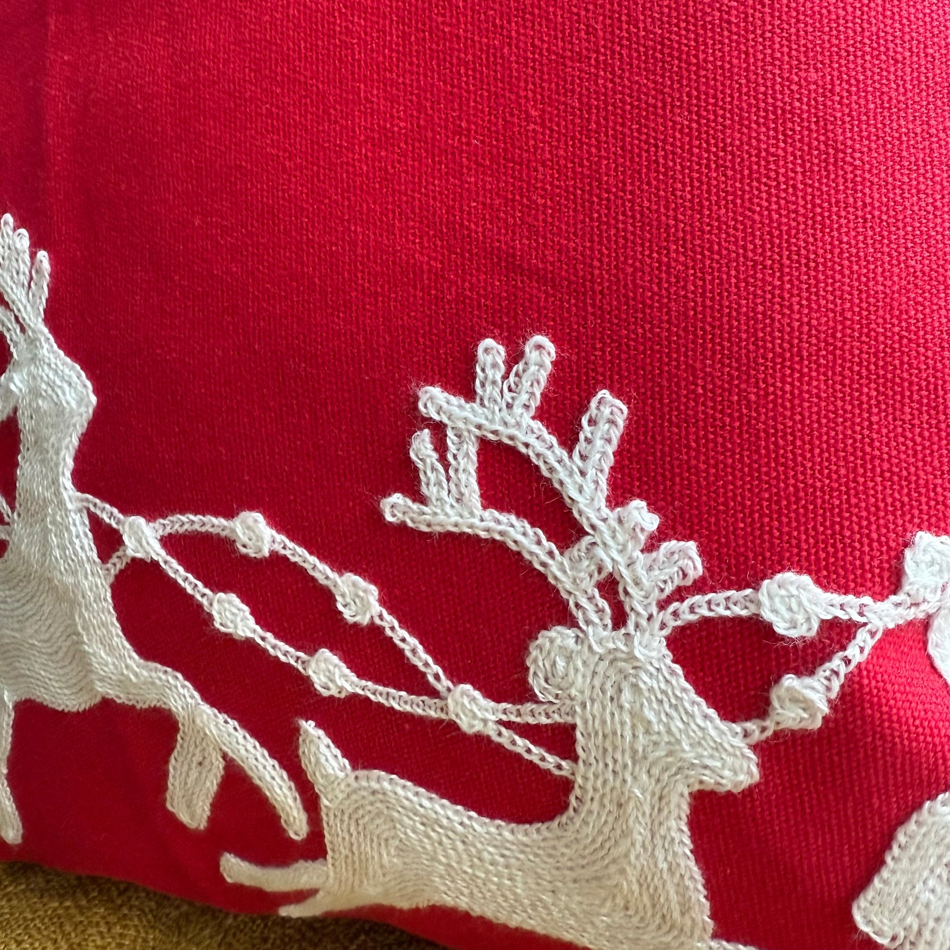Santa and Reindeer Embroidered Pillow Cover  DAME BOHEME