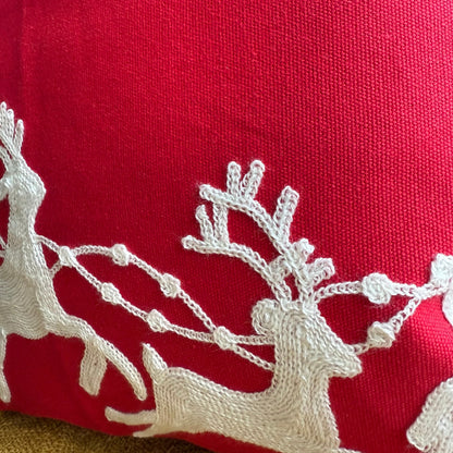 Santa and Reindeer Embroidered Pillow Cover  DAME BOHEME