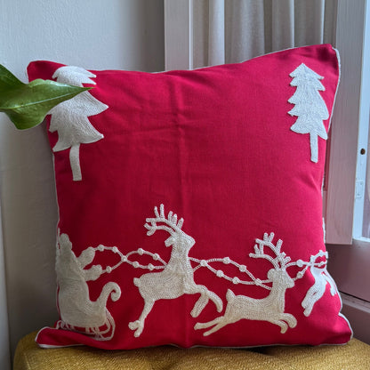 Santa and Reindeer Embroidered Pillow Cover  DAME BOHEME
