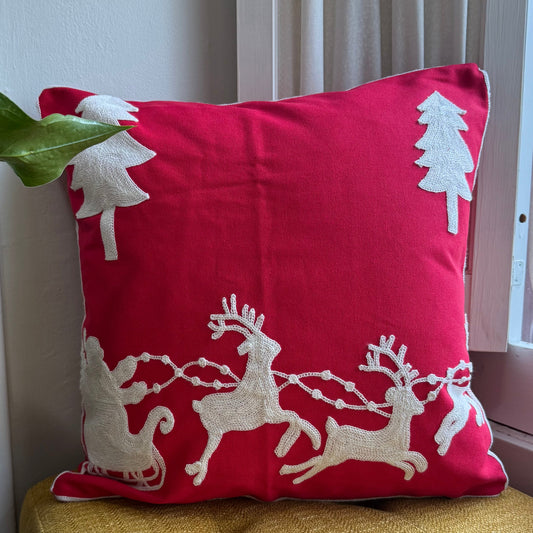 Santa and Reindeer Embroidered Pillow Cover  DAME BOHEME