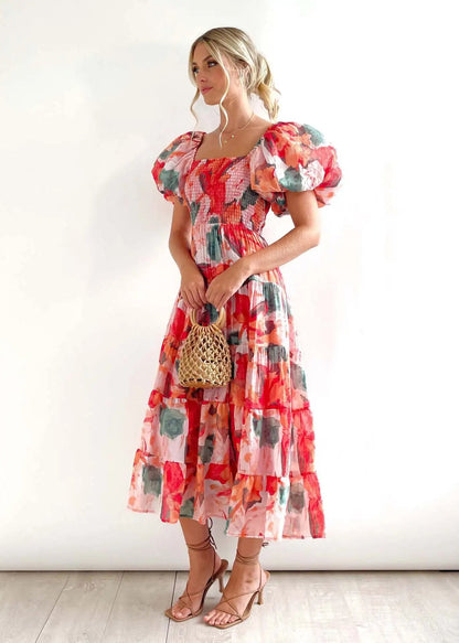 Floral Smocked Off Shoulders Puff Sleeve Tiered Dress Trendsi