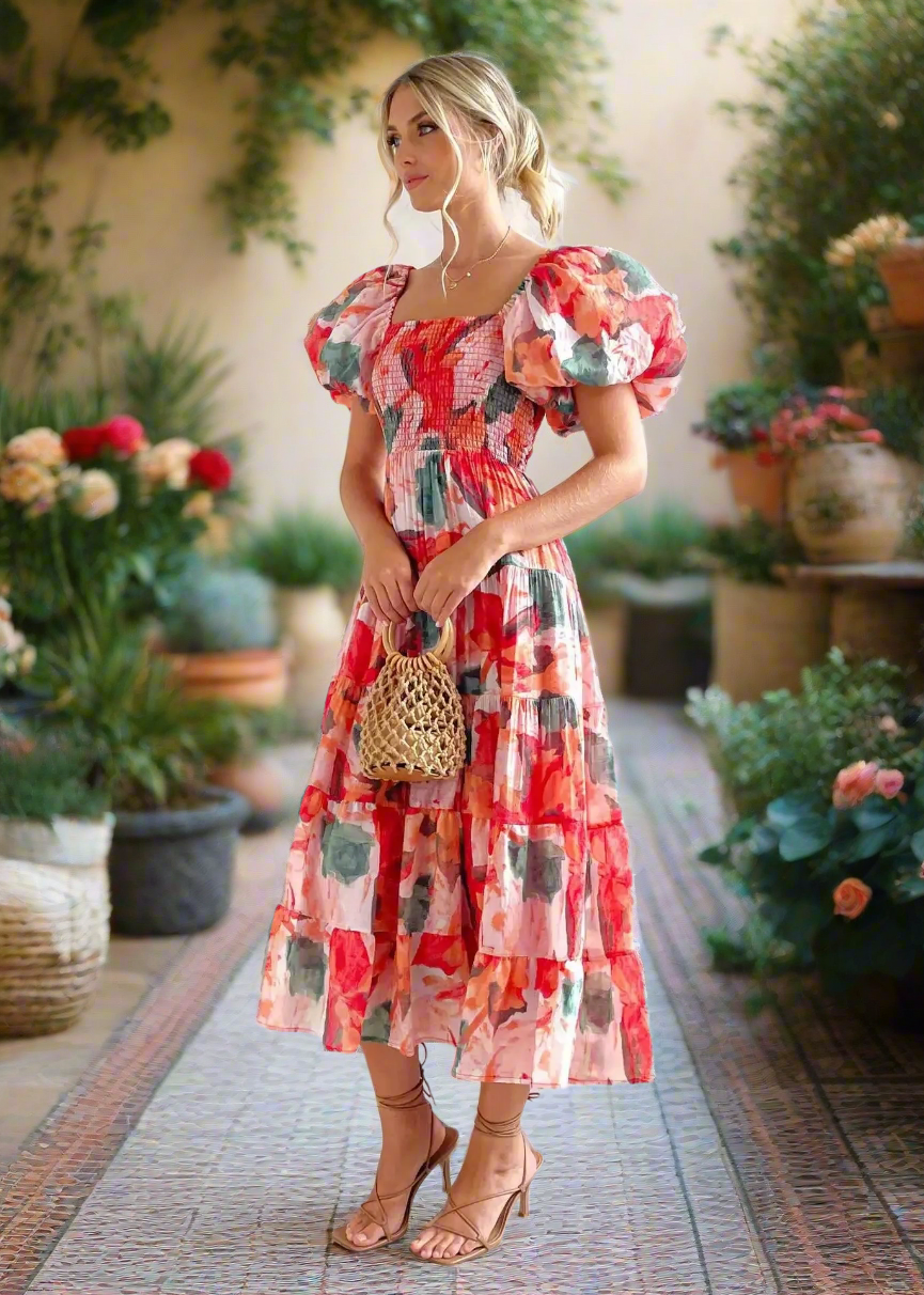Floral Smocked Off Shoulders Puff Sleeve Tiered Dress Trendsi