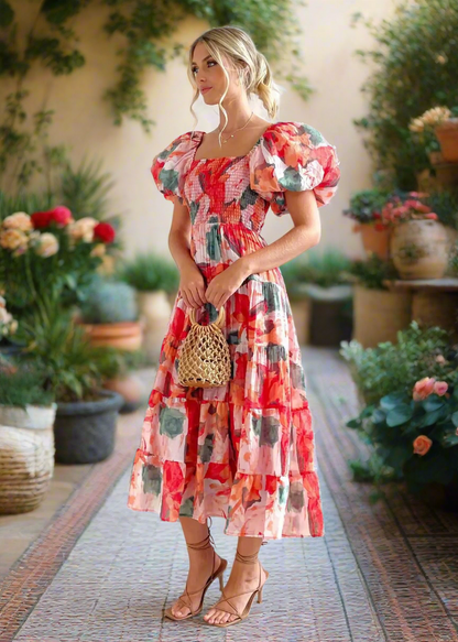 Floral Smocked Off Shoulders Puff Sleeve Tiered Dress Trendsi