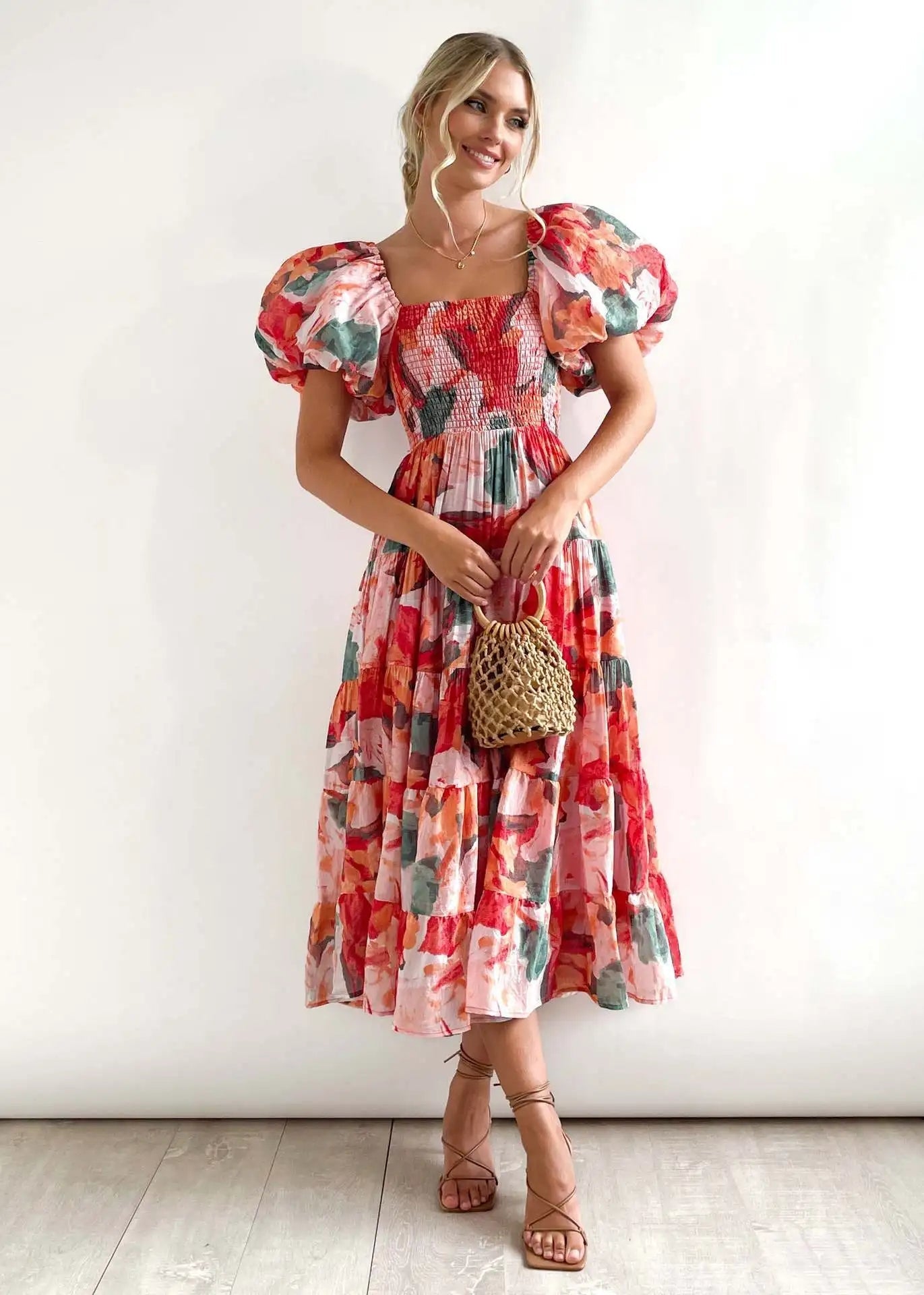 Floral Smocked Off Shoulders Puff Sleeve Tiered Dress Trendsi