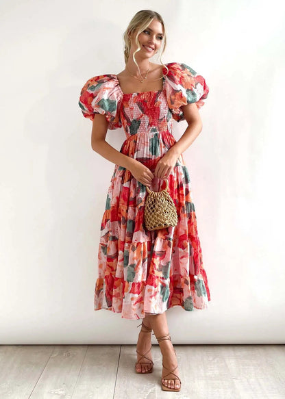 Floral Smocked Off Shoulders Puff Sleeve Tiered Dress Trendsi