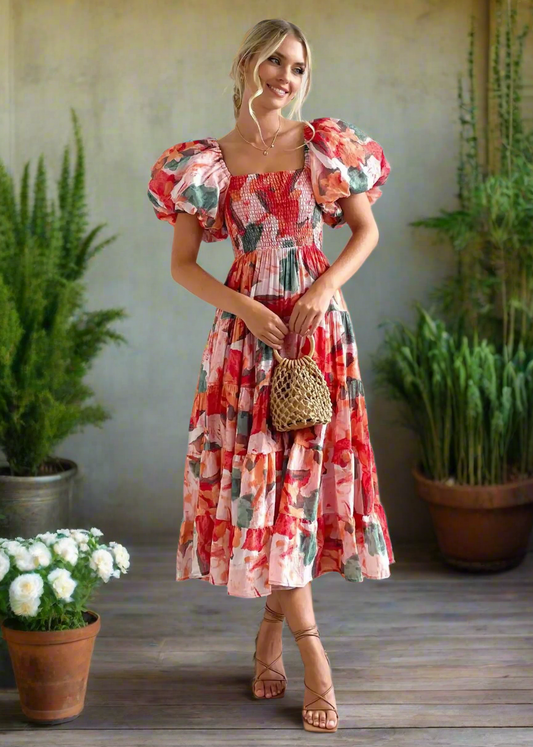 Floral Smocked Off Shoulders Puff Sleeve Tiered Dress Trendsi