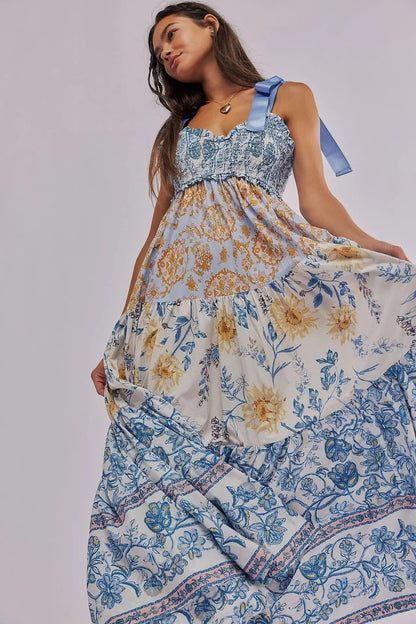 Floral Tiered Maxi Dress with Mixed Print Design Trendsi