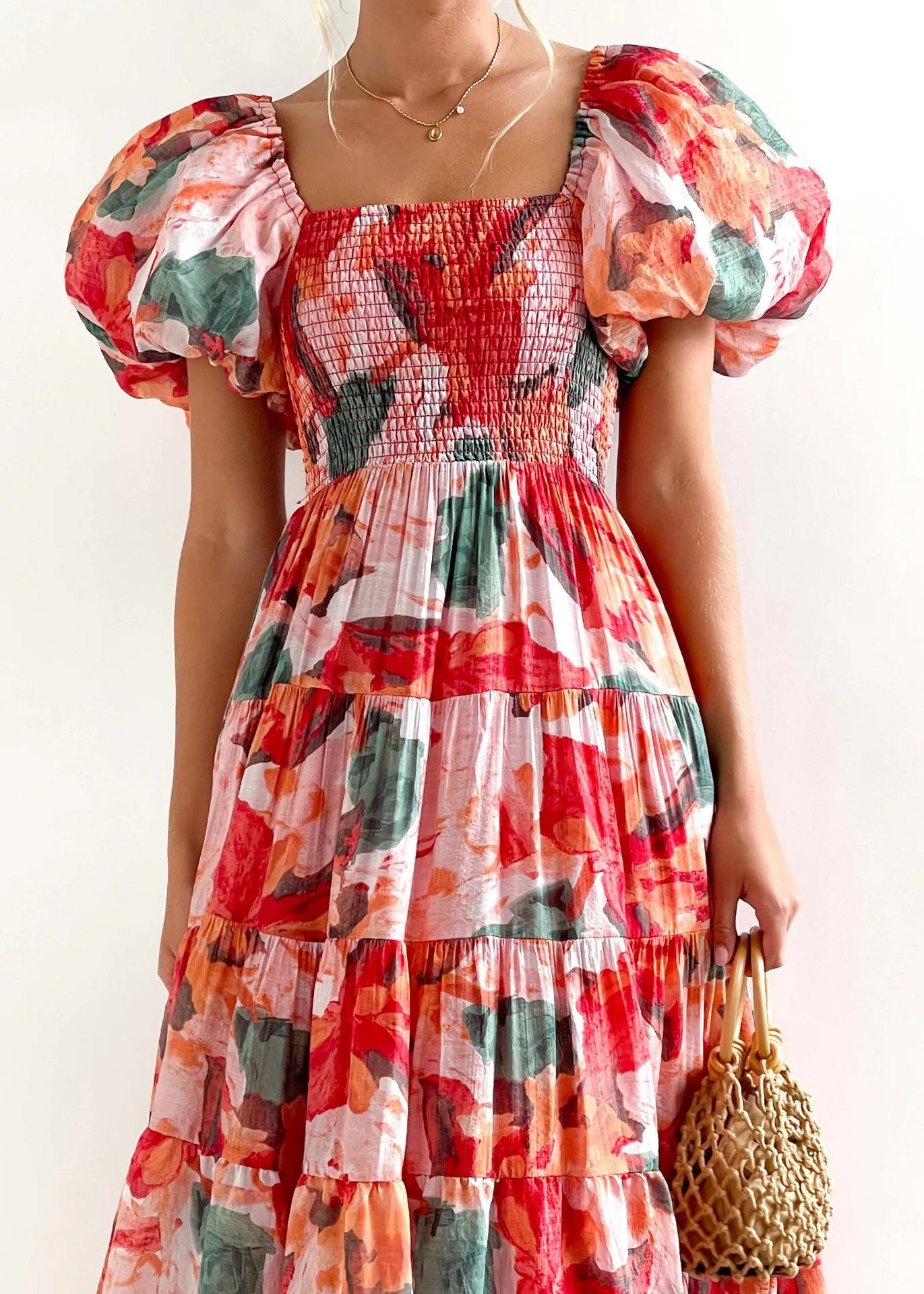 Floral Smocked Off Shoulders Puff Sleeve Tiered Dress Trendsi
