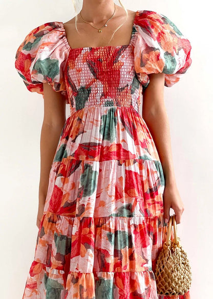 Floral Smocked Off Shoulders Puff Sleeve Tiered Dress Trendsi