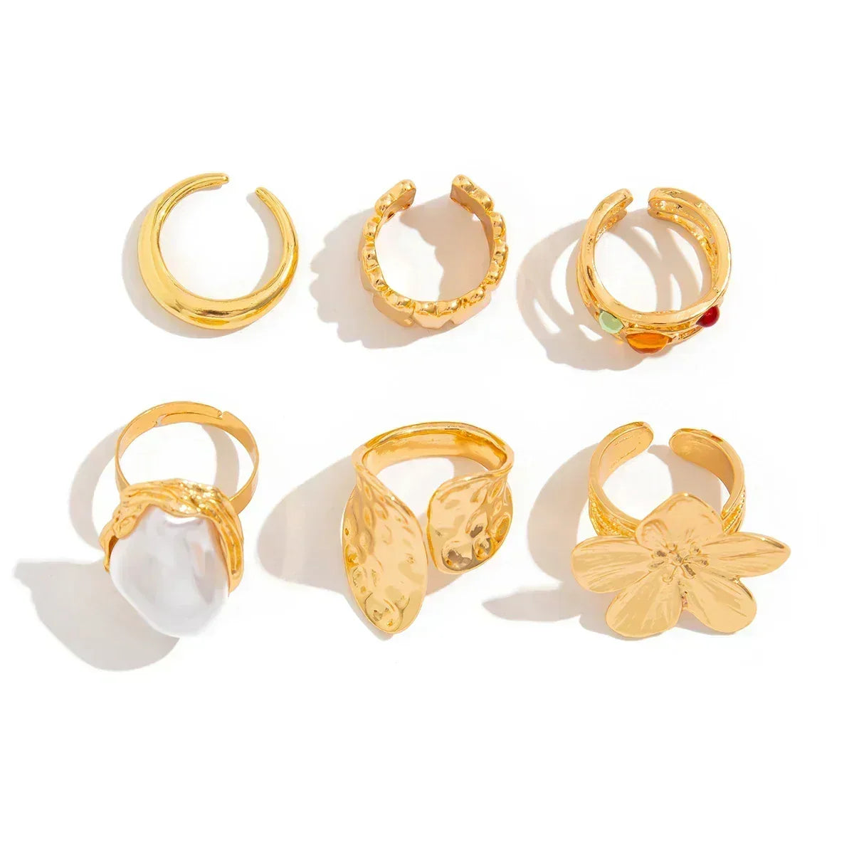Oversized Metal Flower Open Rings - Baroque Imitation Pearl 6 pcs Rings Set