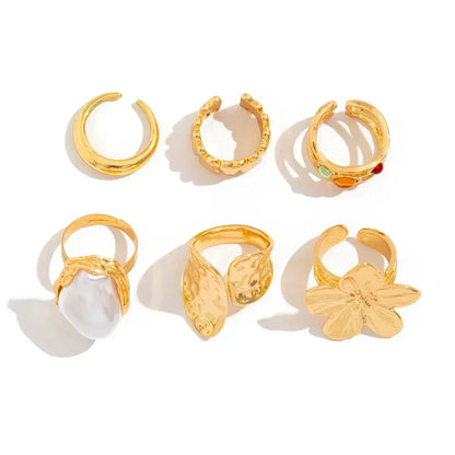 Oversized Metal Flower Open Rings - Baroque Imitation Pearl 6 pcs Rings Set