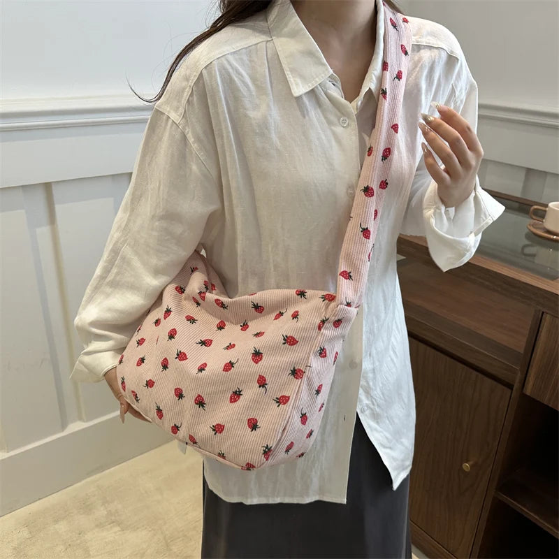 Strawberry Corduroy Tote Bag Hobo Purse