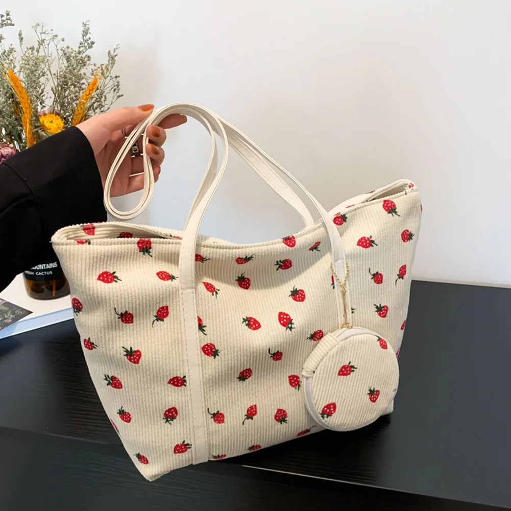 2 Piece Casual Strawberry Pouch and Tote Shoulder Bag