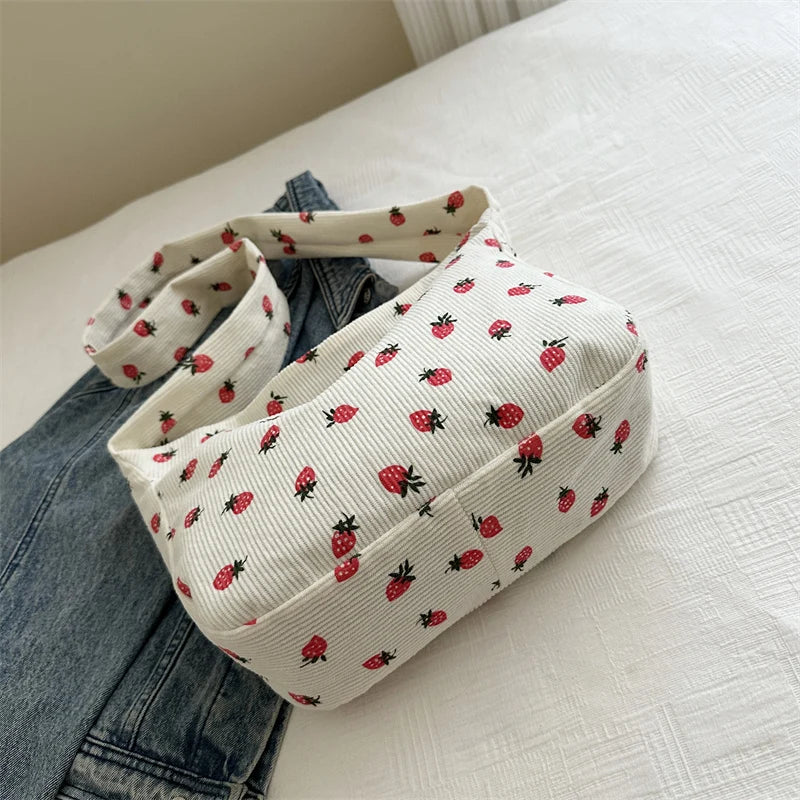 Strawberry Corduroy Tote Bag Hobo Purse