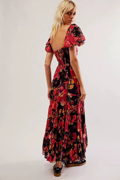 Printed Sweetheart Neck Puff Sleeve Maxi Dress Trendsi
