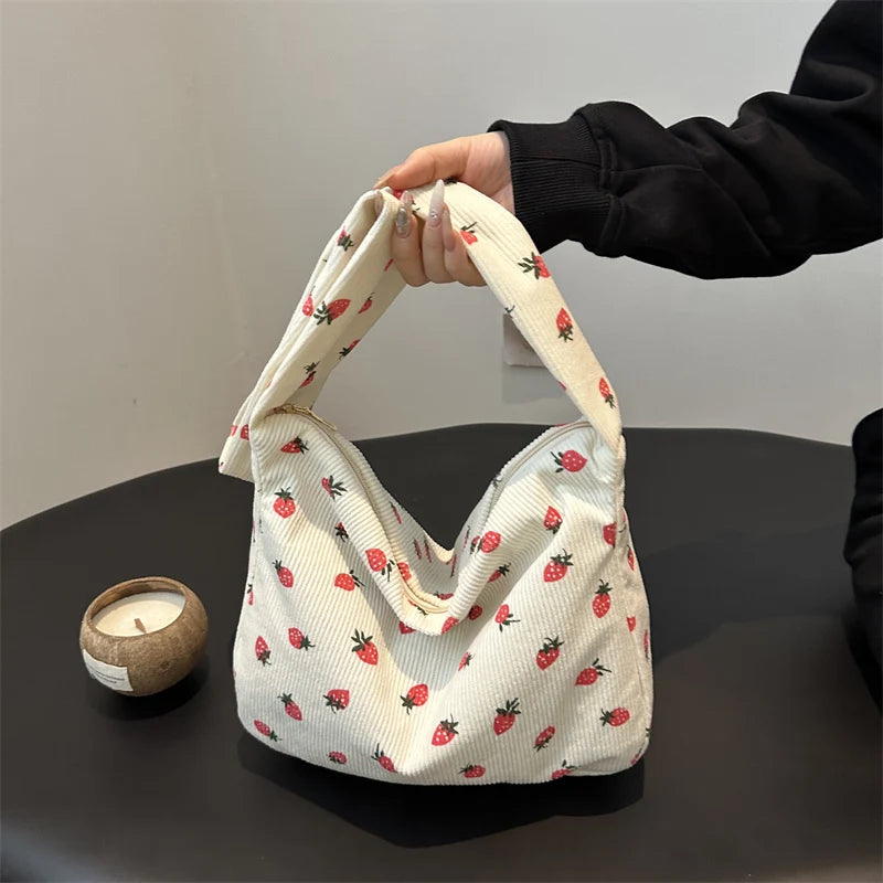 Strawberry Corduroy Tote Bag Hobo Purse