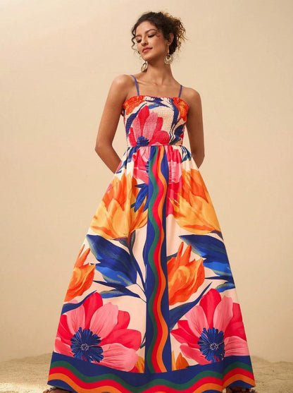 Smocked Printed Spaghetti Strap Maxi Dress - Plus Size Trendsi