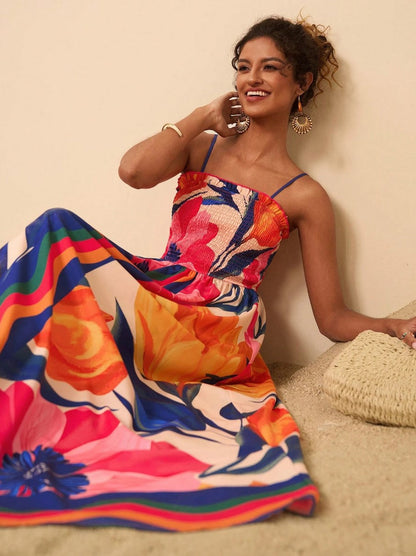 Smocked Printed Spaghetti Strap Maxi Dress - Plus Size Trendsi
