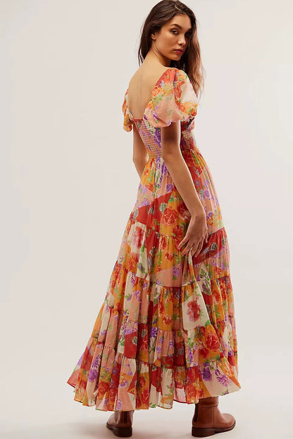 Printed Sweetheart Neck Puff Sleeve Maxi Dress Trendsi