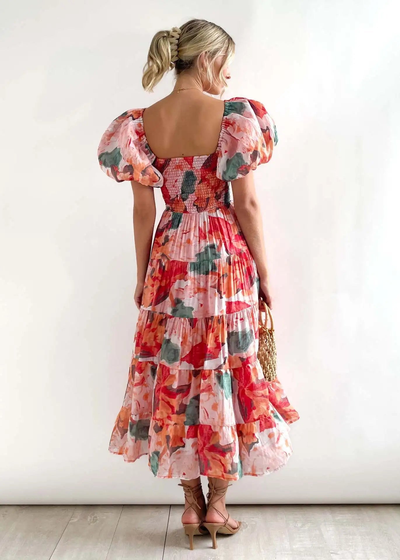Floral Smocked Off Shoulders Puff Sleeve Tiered Dress Trendsi