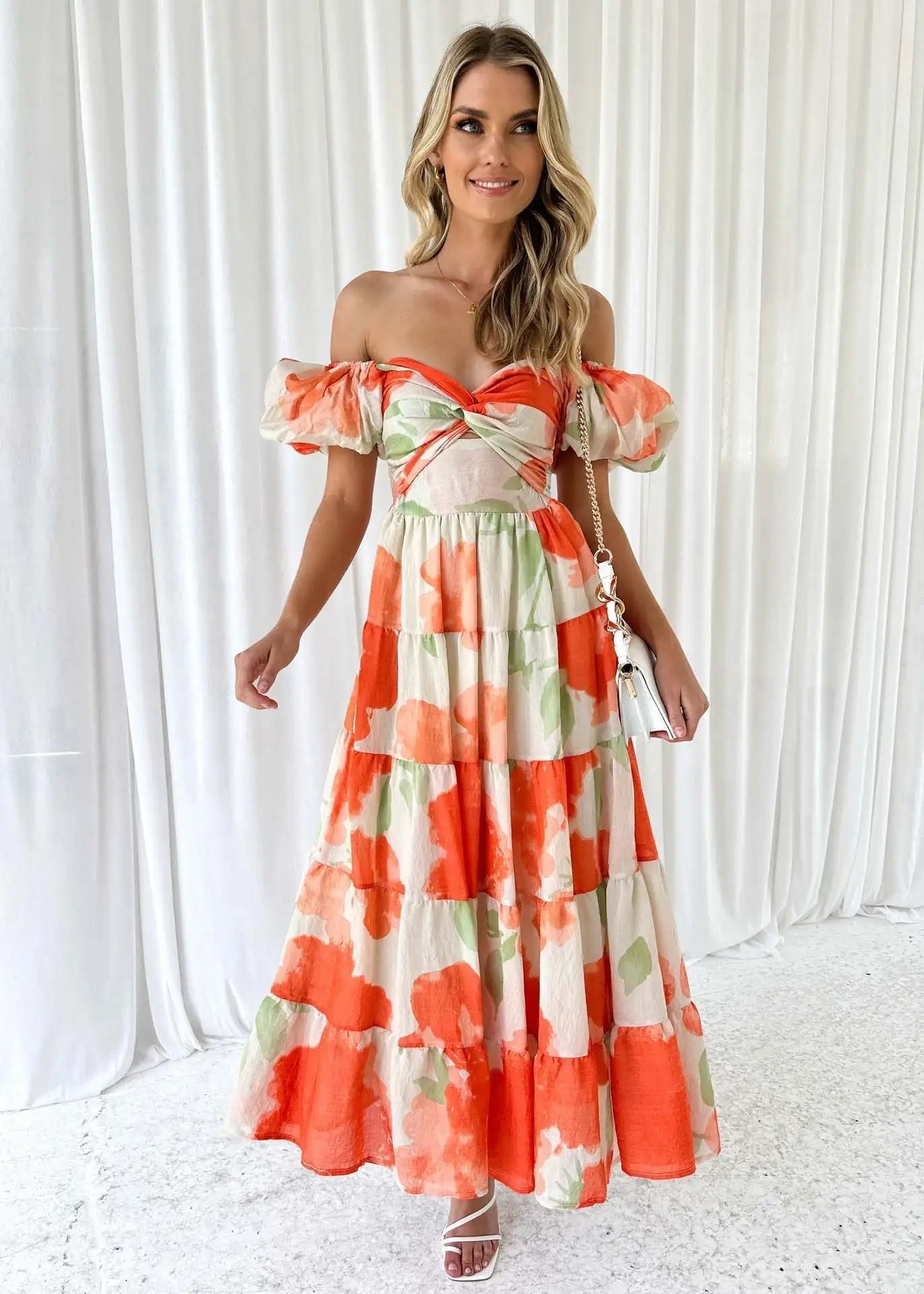 Off-Shoulder Floral Tiered Dress with Ruffle Details Trendsi