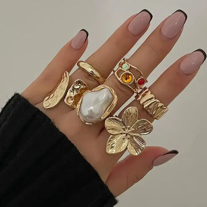 Oversized Metal Flower Open Rings - Baroque Imitation Pearl 6 pcs Rings Set
