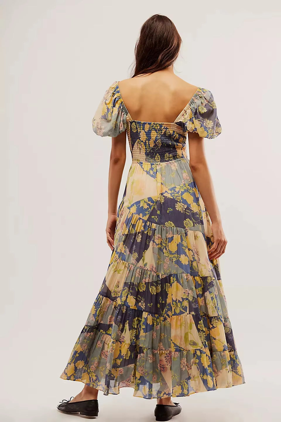 Printed Sweetheart Neck Puff Sleeve Maxi Dress Trendsi