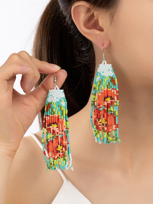 Seed Bead Poppy Flower Long Drop Women Earrings LA3accessories
