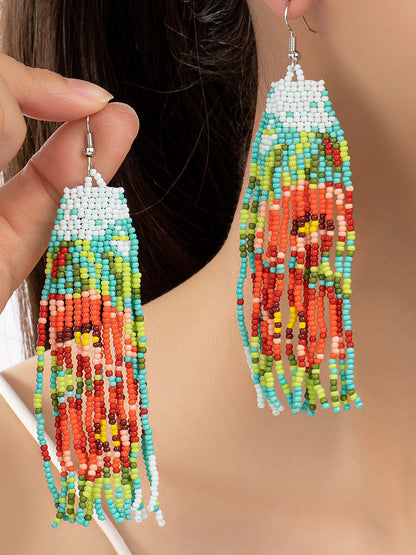 Seed Bead Poppy Flower Long Drop Women Earrings LA3accessories