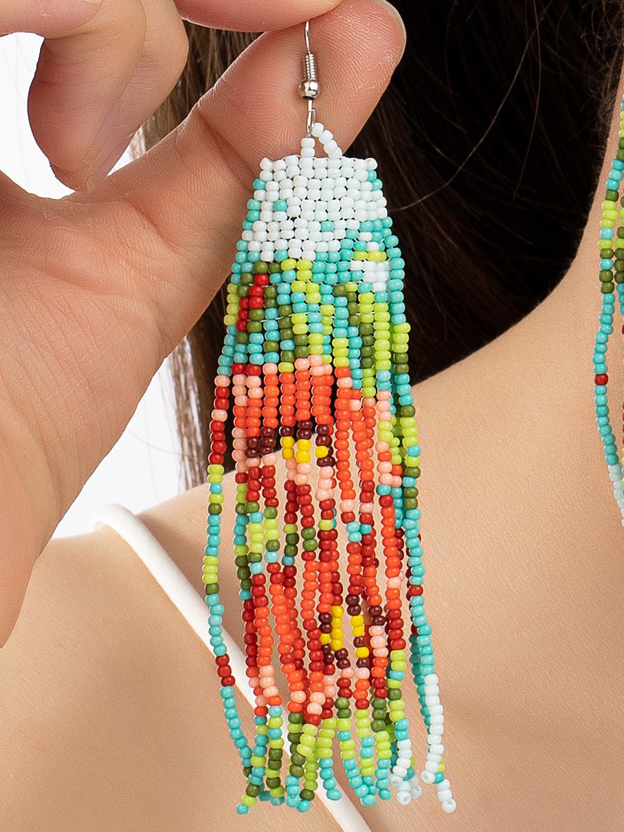 Seed Bead Poppy Flower Long Drop Women Earrings LA3accessories
