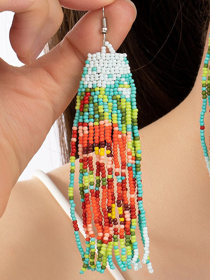 Seed Bead Poppy Flower Long Drop Women Earrings LA3accessories
