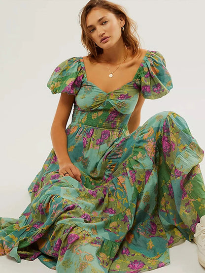 Printed Sweetheart Neck Puff Sleeve Maxi Dress Trendsi