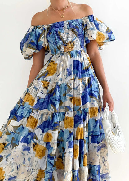 Floral Smocked Off Shoulders Puff Sleeve Tiered Dress Trendsi