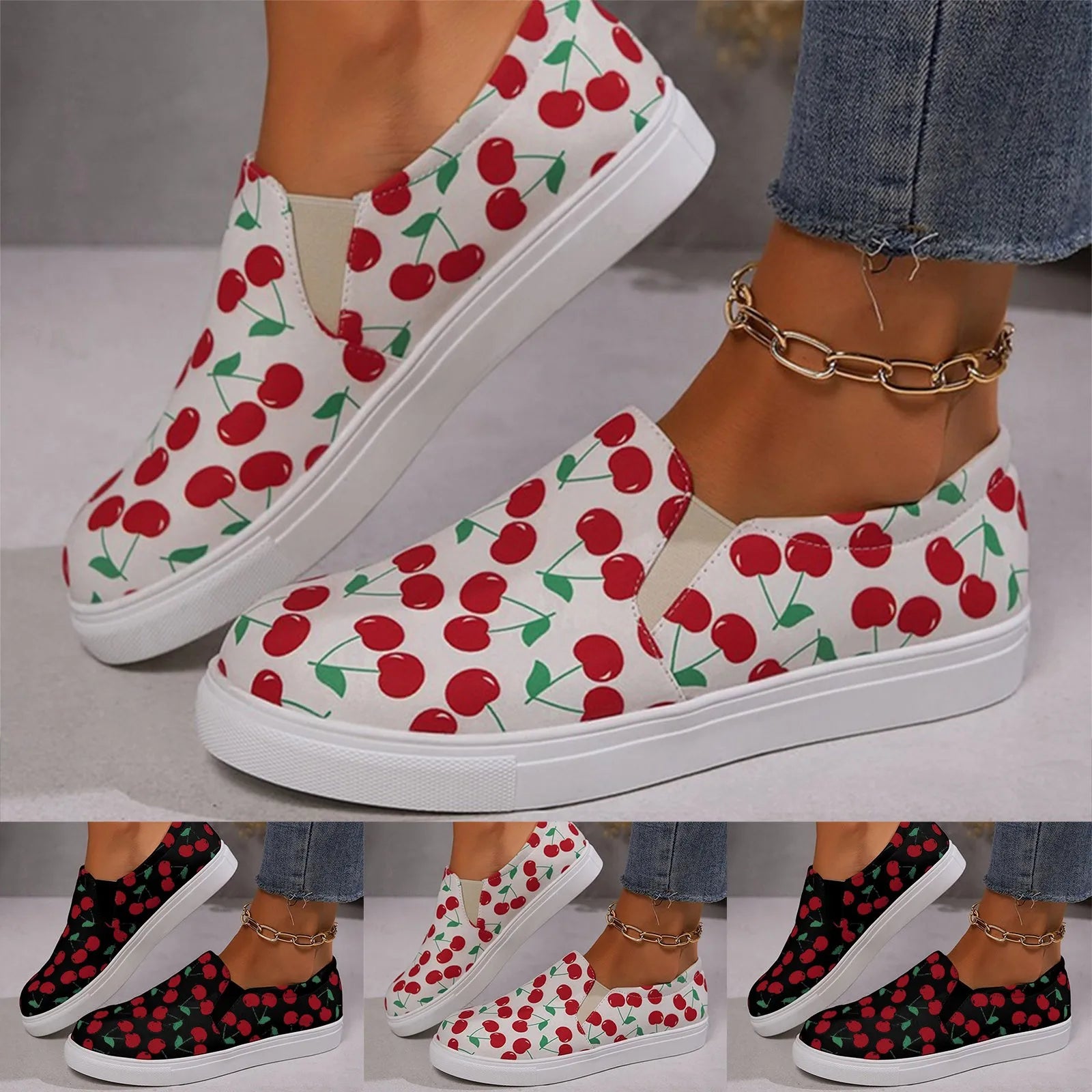 Cherry Print Women Casual Close Fitting Flat Shoes