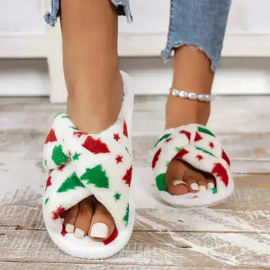Christmas Tree Pattern Furry Bedroom Slippers  DAME BOHEME