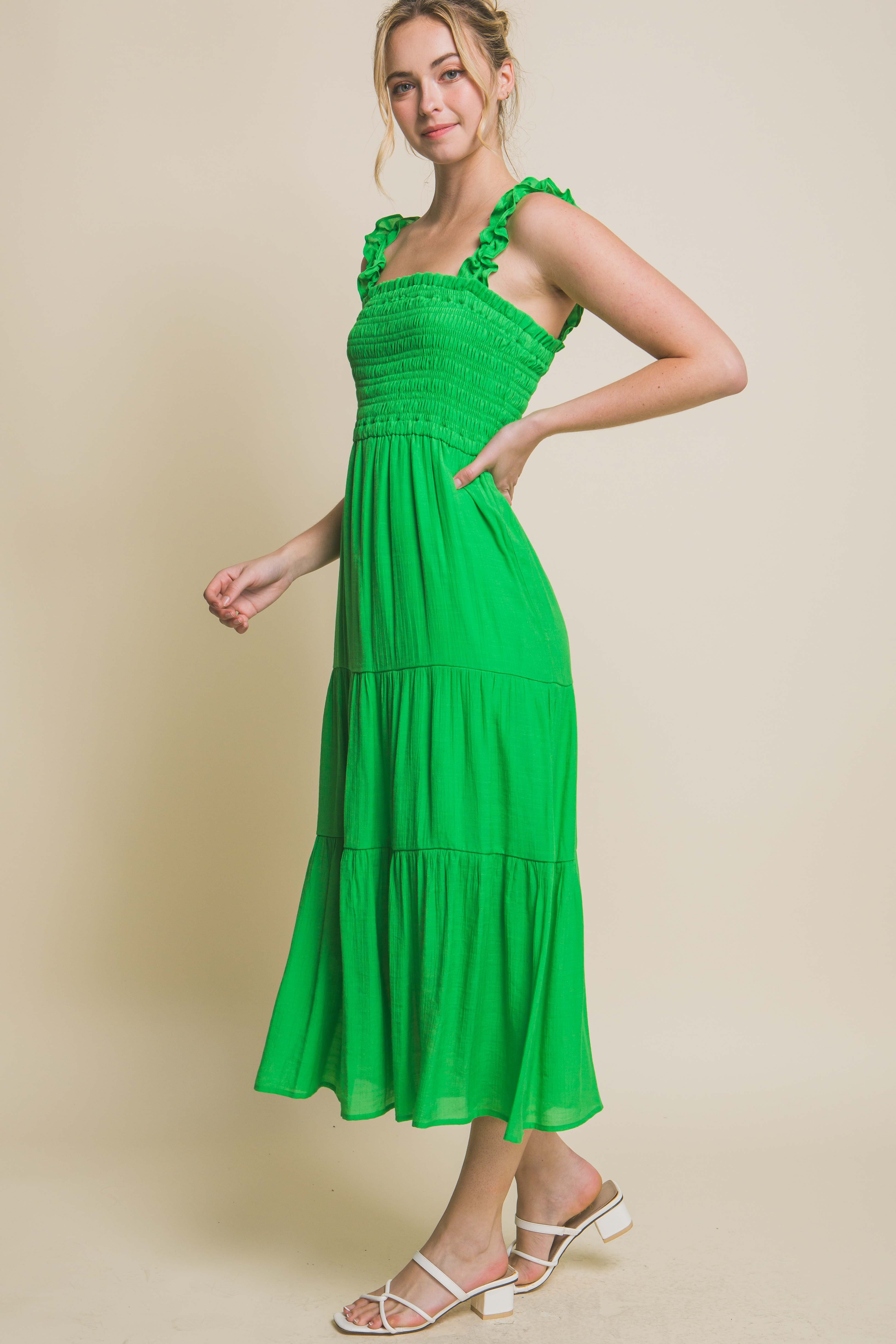 Smocked Bodice Elastic Strap Green Midi Dress