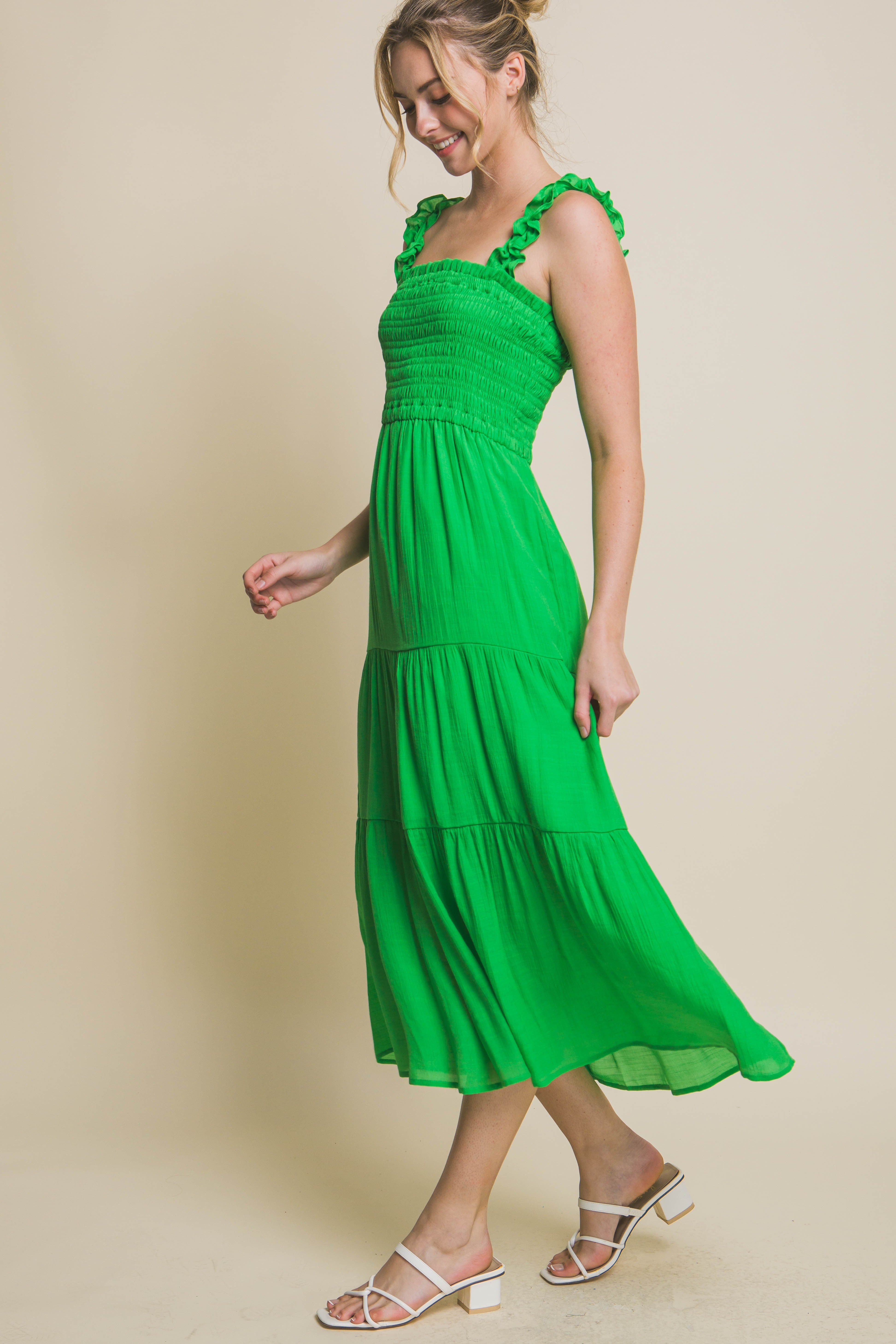 Smocked Bodice Elastic Strap Green Midi Dress