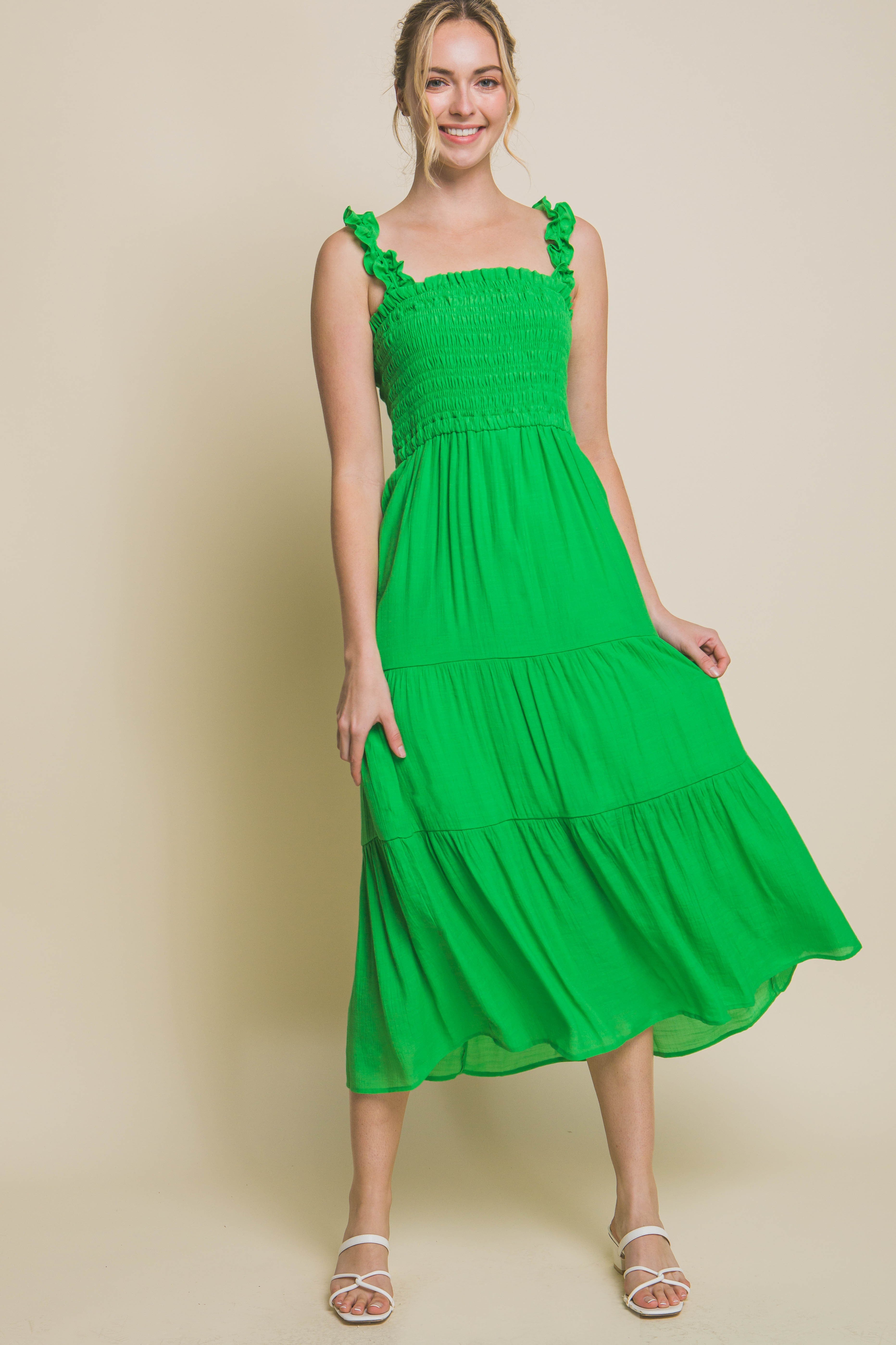 Smocked Bodice Elastic Strap Green Midi Dress