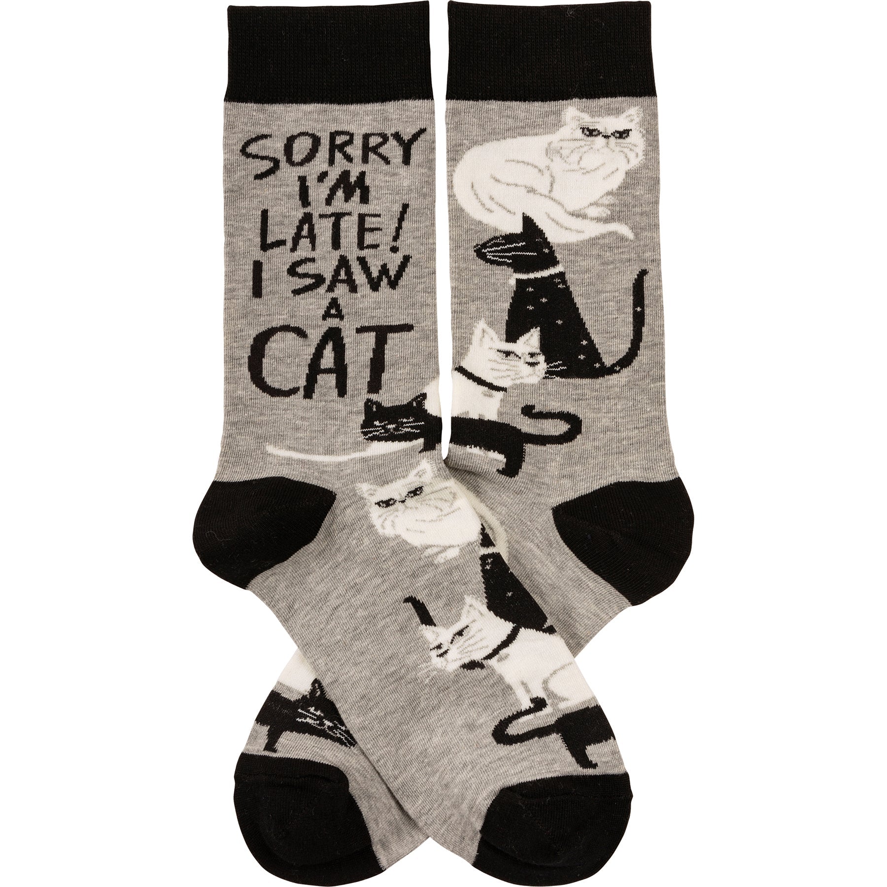 Sorry I'm Late I Saw A Cat Woven Socks | Black & White Cats Designs Novelty Socks  DAME BOHEME