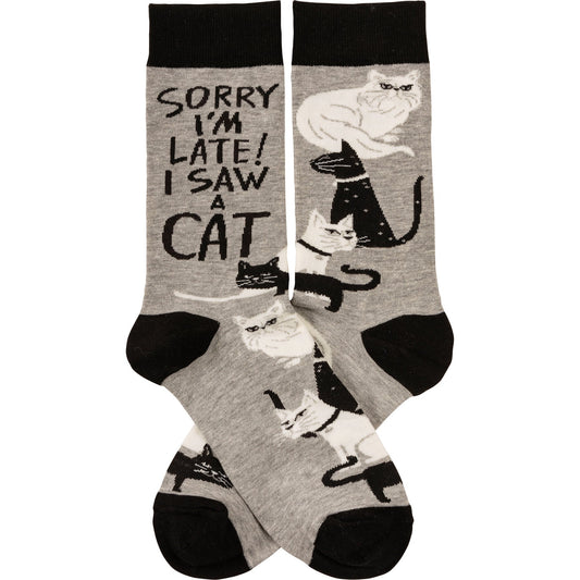 Sorry I'm Late I Saw A Cat Woven Socks | Black & White Cats Designs Novelty Socks  DAME BOHEME