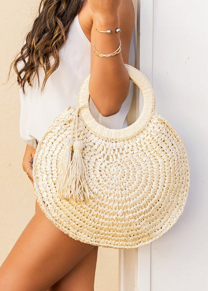 Straw Tassel O-Ring Round Tote Bag Aili's Corner