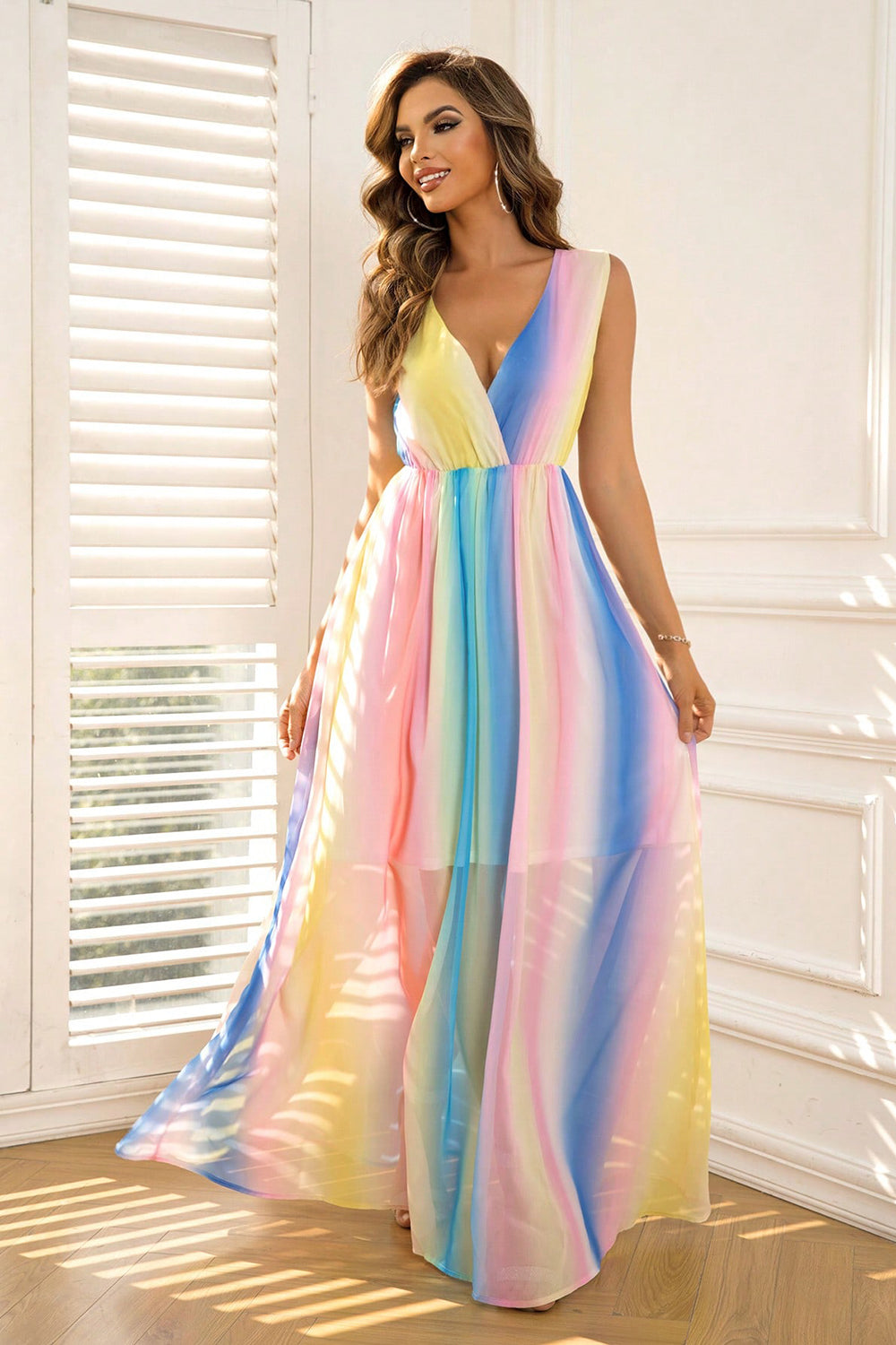 Surplice Neck Rainbow Sleeveless Maxi Dress